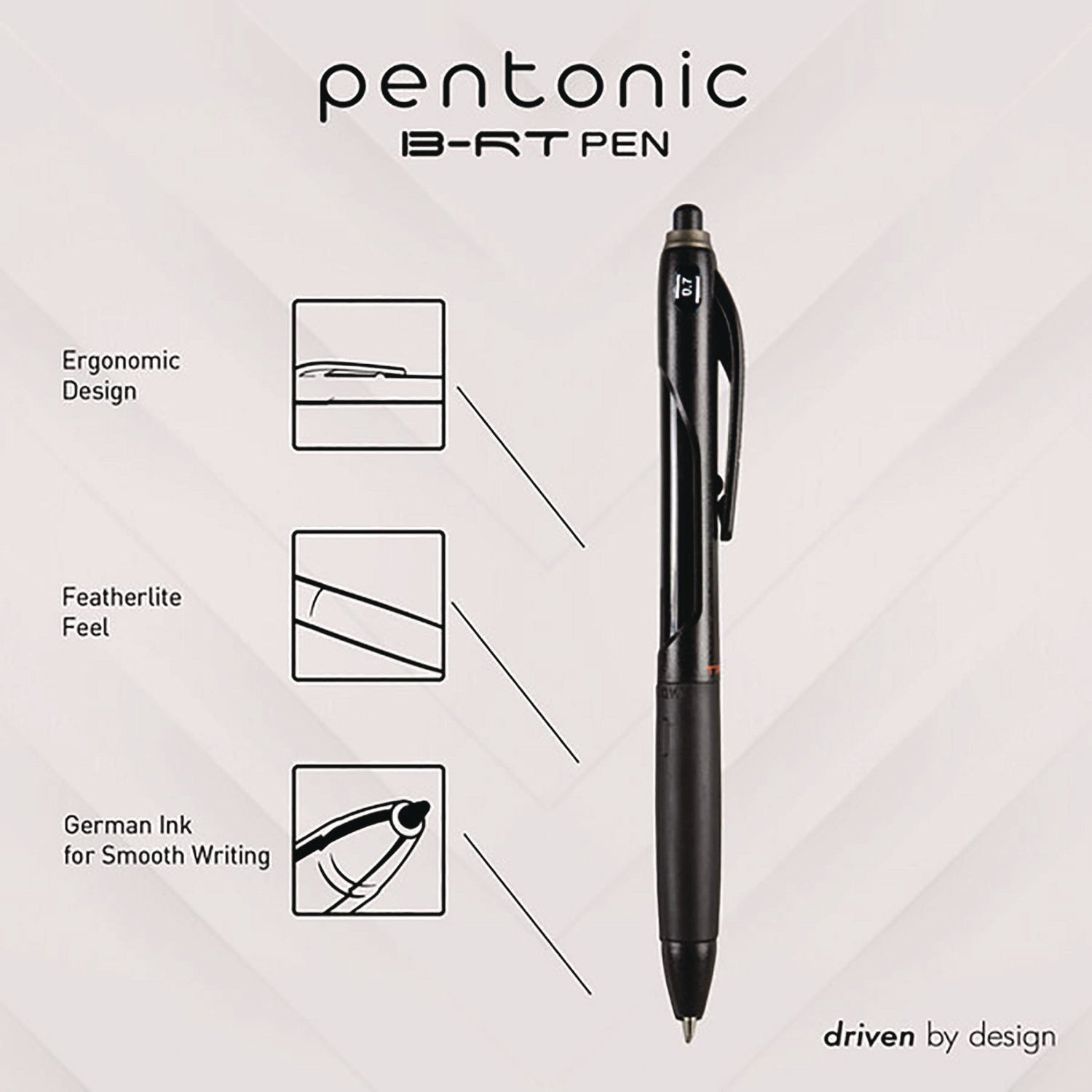 TOPS PENTONIC Retractable Ballpoint Pen, Fine 0.7 mm, Black Ink, Black Barrel, 12/Pack (12120)