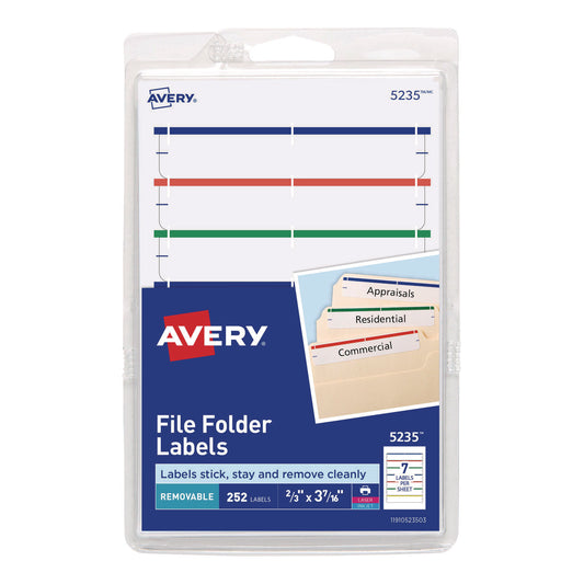 Avery Removable File Folder Labels with Sure Feed Technology, 0.66 x 3.44, White, 7/Sheet, 36 Sheets/Pack (5235)