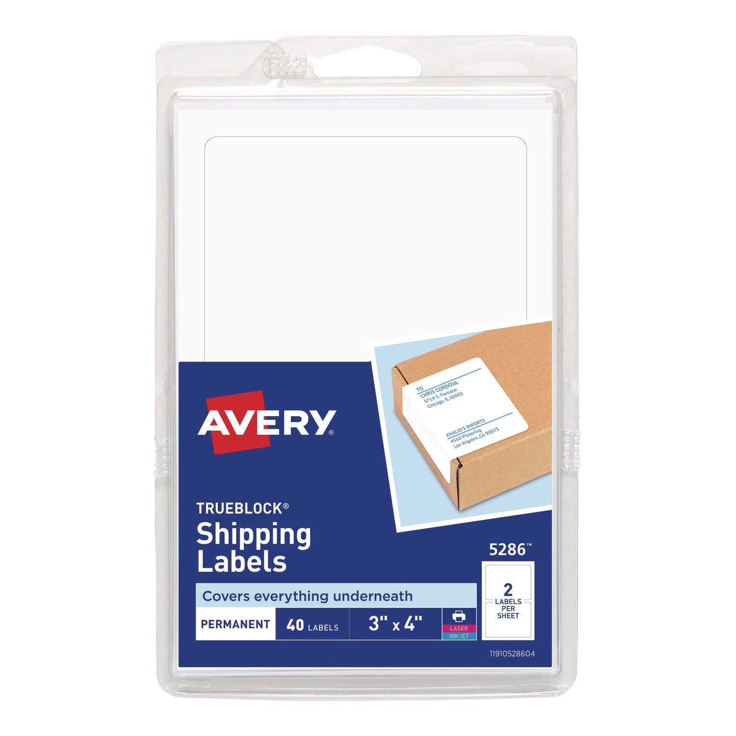 Avery Shipping Labels with TrueBlock Technology, Inkjet/Laser Printers, 4 x 3, White, 2/Sheet, 20 Sheets/Pack (05286)