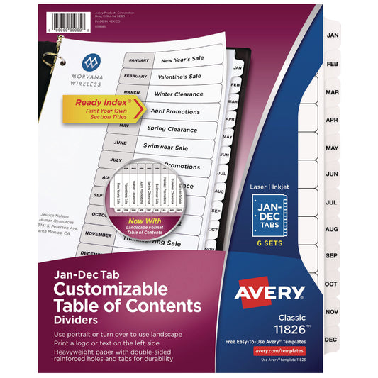 Avery Customizable Table of Contents Ready Index Black and White Dividers, 12-Tab, Jan. to Dec., 11 x 8.5, White, 6 Sets (11826)