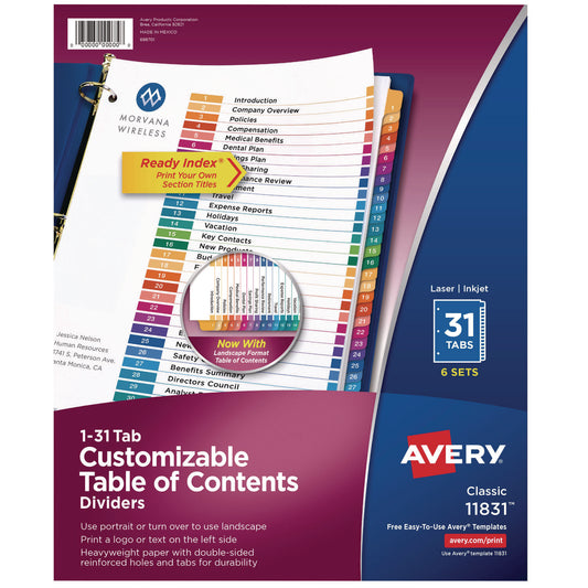 Avery Customizable Table of Contents Ready Index Multicolor Dividers, 31-Tab, 1 to 31, 11 x 8.5, White, 6 Sets (11831)