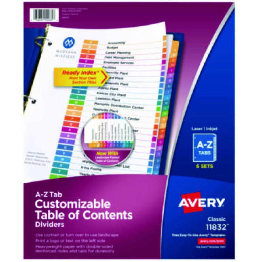 Avery Customizable Table of Contents Ready Index Multicolor Dividers, 26-Tab, A to Z, 11 x 8.5, White, 6 Sets (11832)