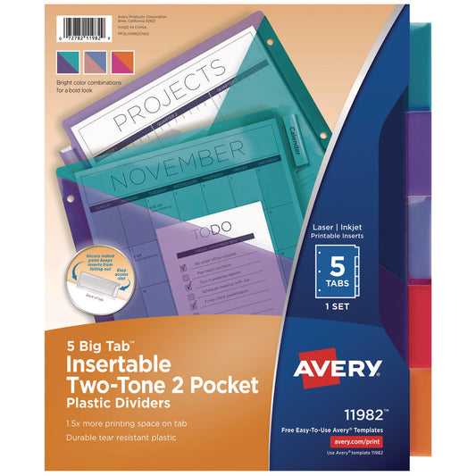 Avery Big Tab Insertable Two-Pocket Plastic Dividers, 5-Tab, 11.13 x 9.25, Assorted, 1 Set (11982)