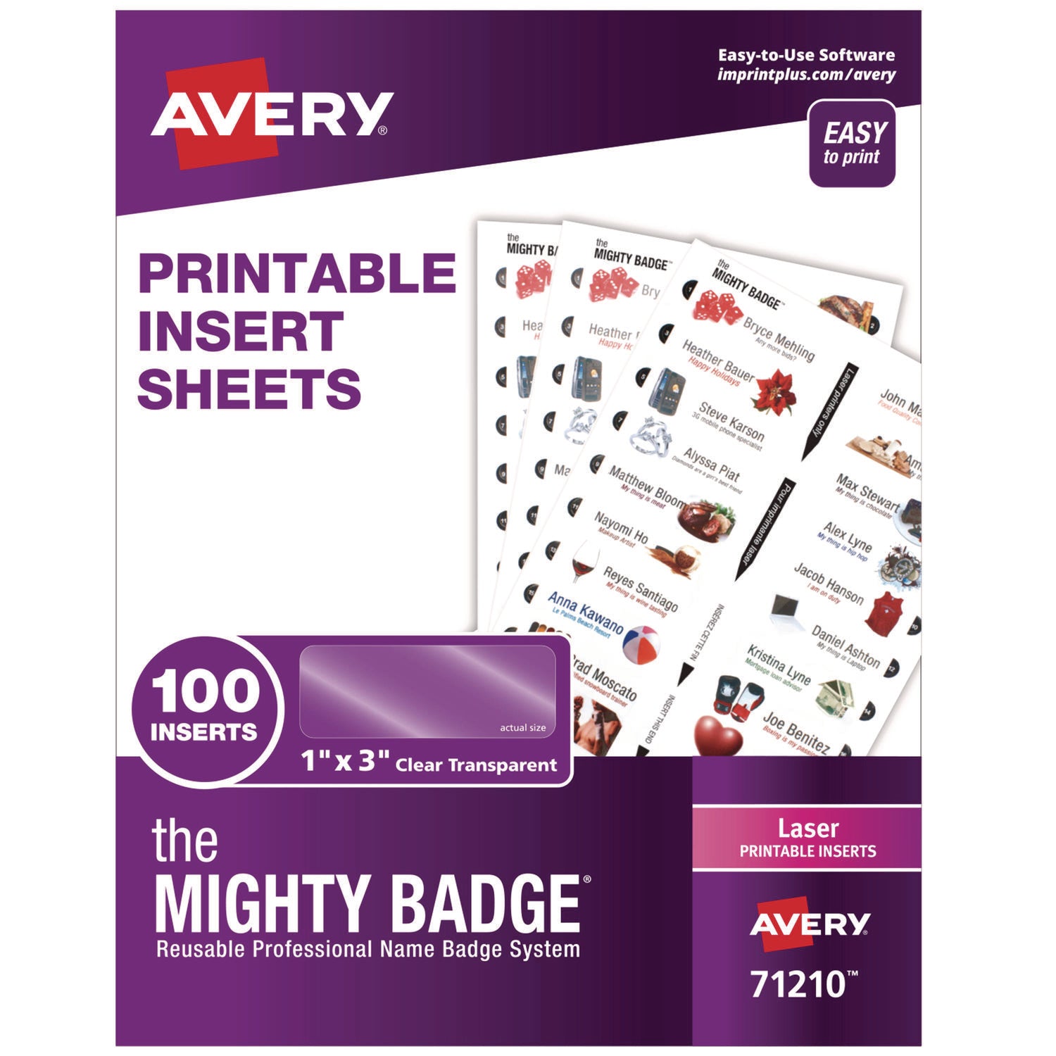 Avery The Mighty Badge Name Badge Inserts, 1 x 3, Clear, Laser, 20/Sheet, 5 Sheets/Pack (71210)