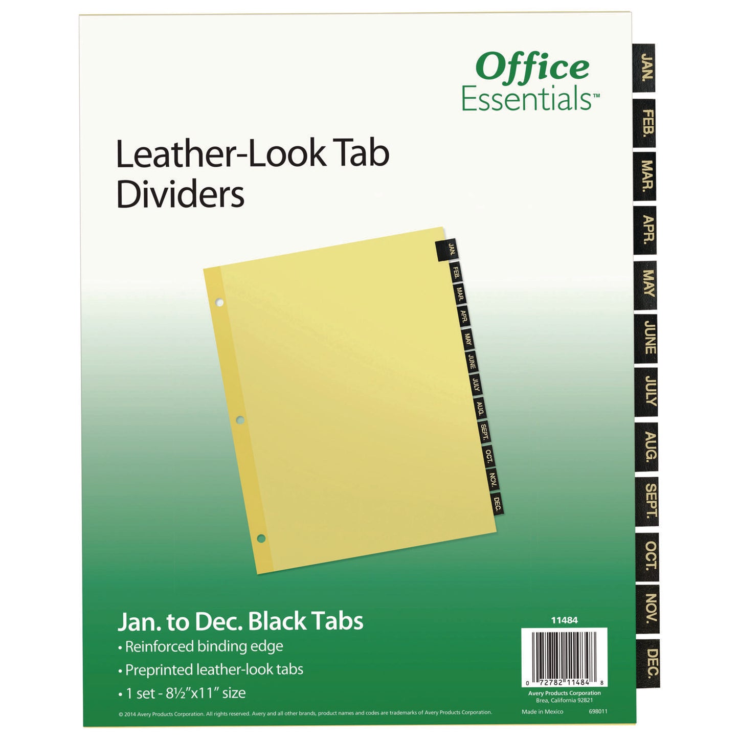 Office Essentials Preprinted Black Leather Tab Dividers, 12-Tab, Jan. to Dec., 11 x 8.5, Buff, 1 Set (11484)