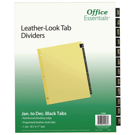 Office Essentials Preprinted Black Leather Tab Dividers, 12-Tab, Jan. to Dec., 11 x 8.5, Buff, 1 Set (11484)
