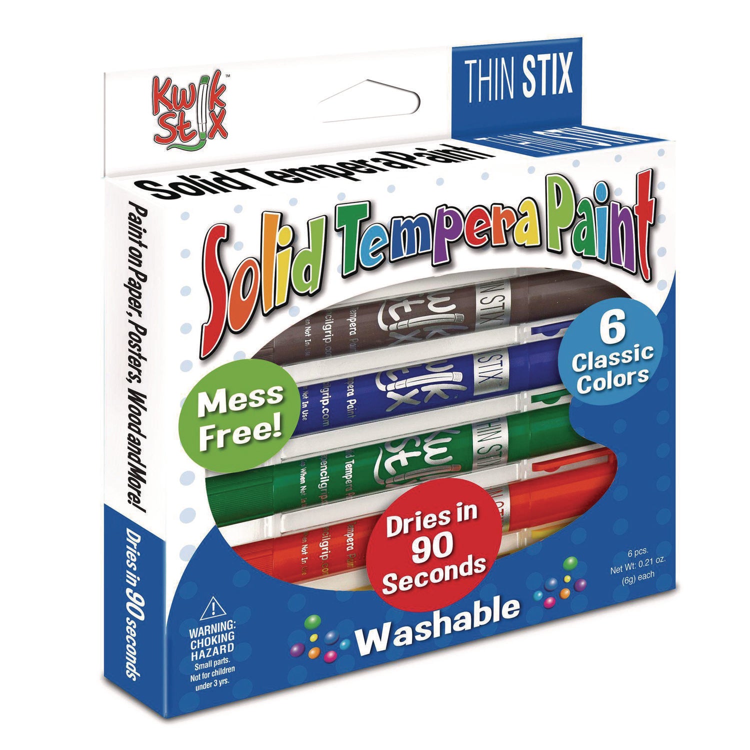 The Pencil Grip Thin Stix Tempera Paint Set, 6 Assorted Classic Colors, 6/Set, 24 Sets/Carton (60724)