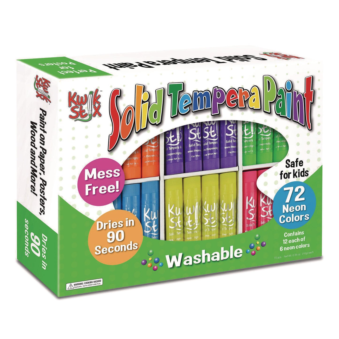 The Pencil Grip Kwik Stick Tempera Paint, 3.5", Assorted Neon Colors, 72/Pack, 3 Packs/Carton (62603)
