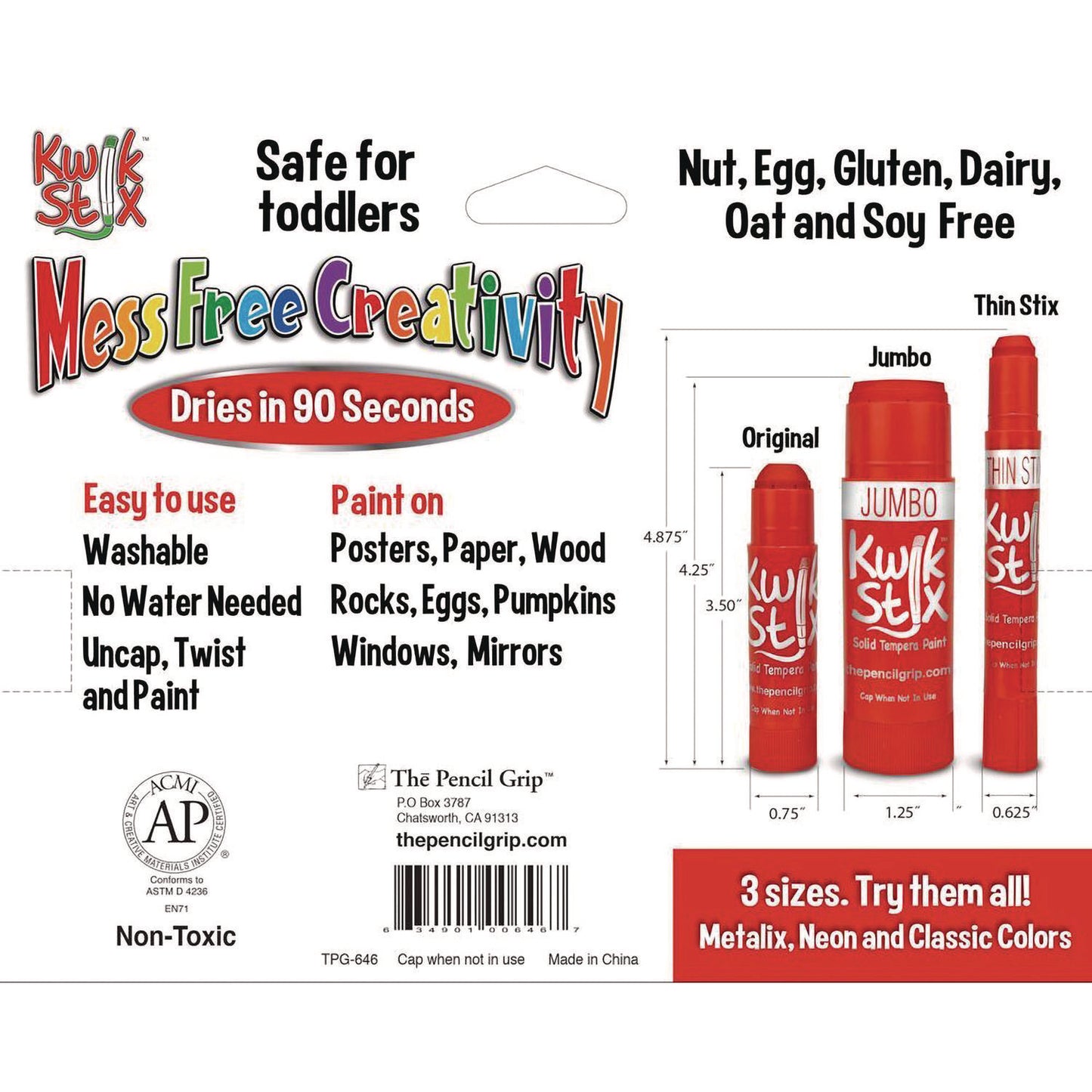 The Pencil Grip Kwik Stick Tempera Paint, 6 Assorted Classic Colors, 6/Pack, 12 Packs/Carton (64612)