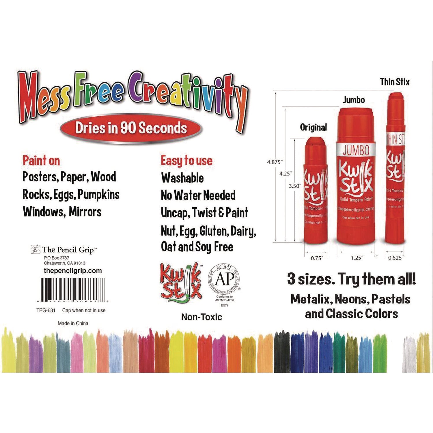 The Pencil Grip Kwik Stix Tempera Paint Set, 30 Assorted Colors, 30/Pack, 6 Packs/Carton (68106)