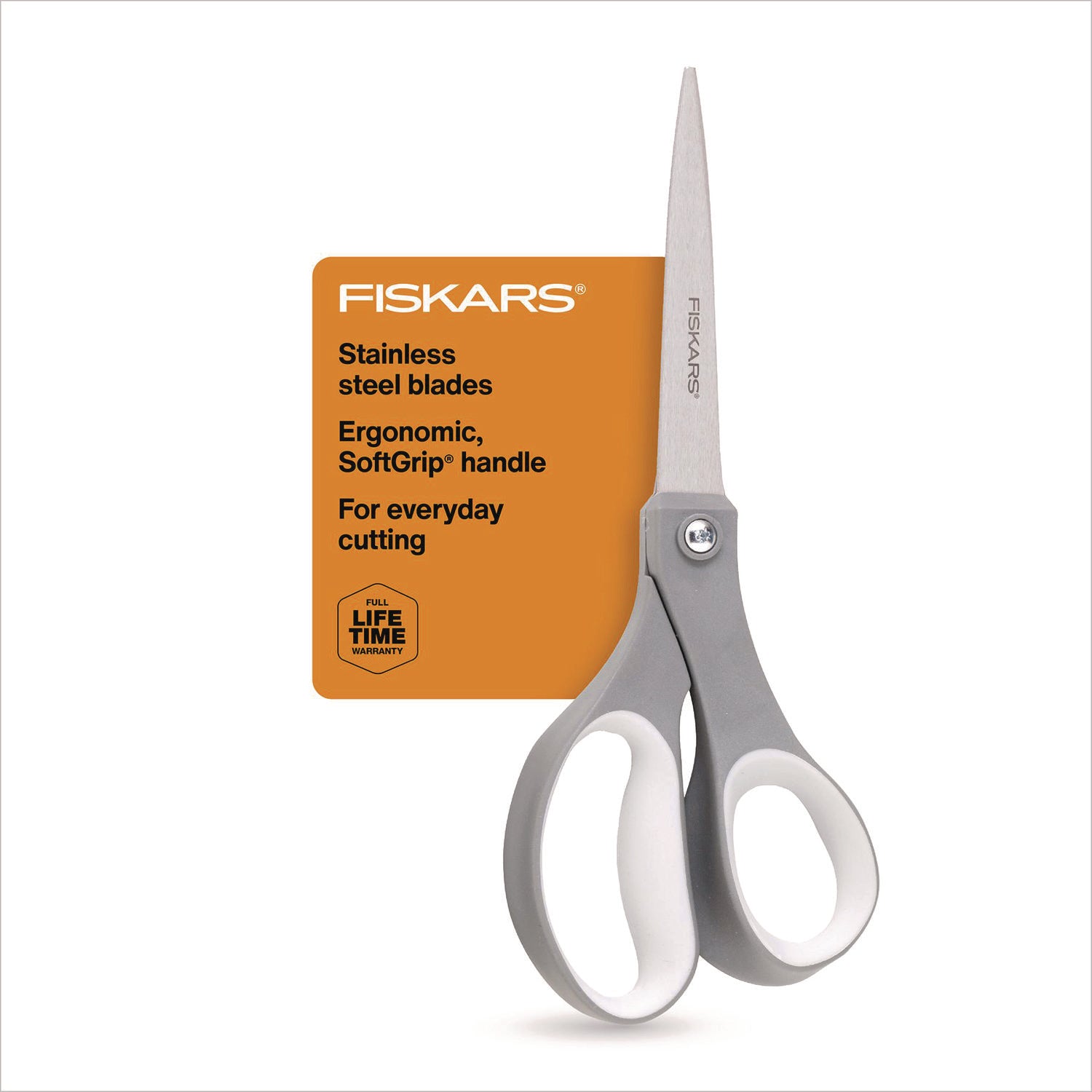 Fiskars Contoured Performance Scissors, 8" Long, 3.13" Cut Length, Straight Gray Softgrip Handle (1160001005)