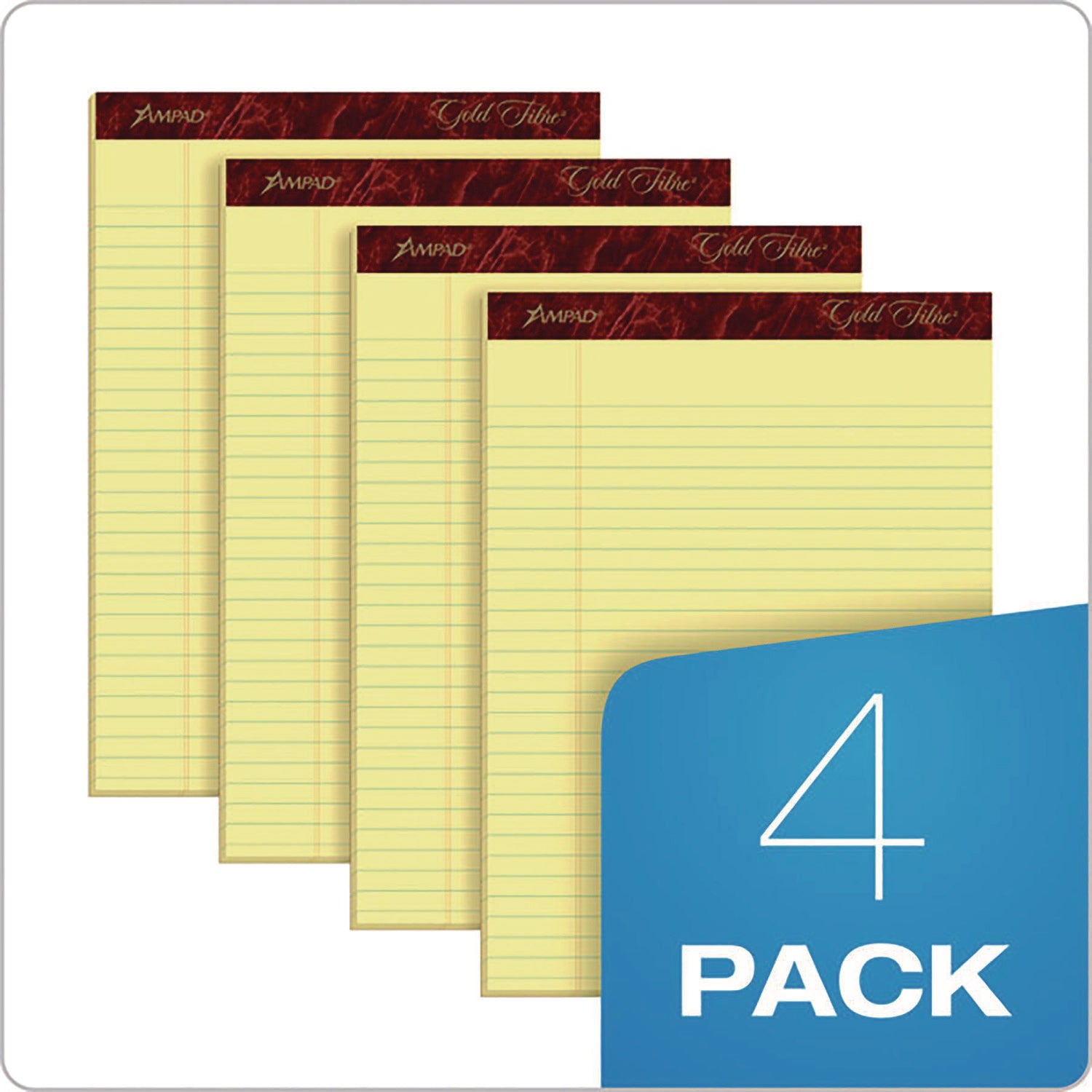 Ampad Gold Fibre Writing Pads, Wide/Legal Rule, 50 Canary-Yellow 8.5 x 11.75 Sheets, 4/Pack (20032)