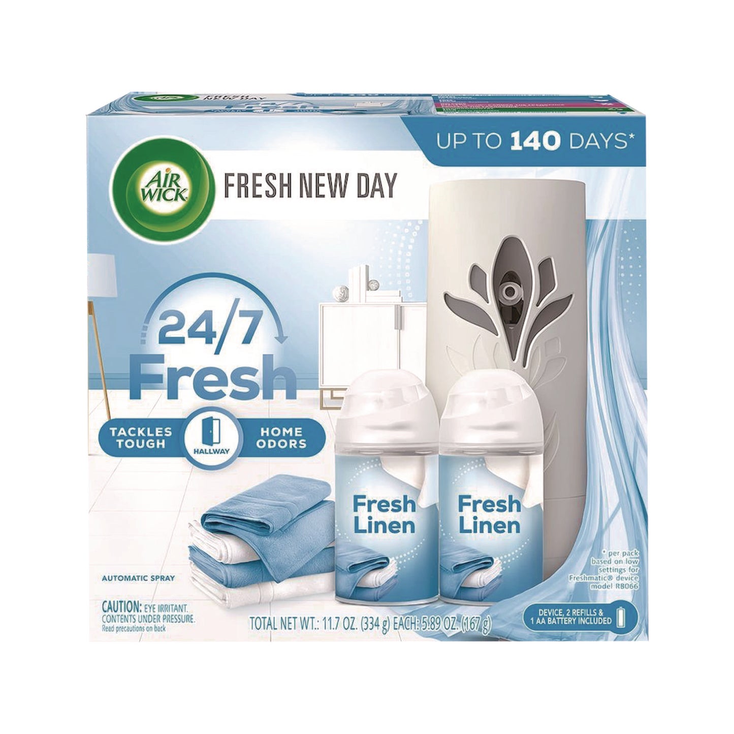 Air Wick Freshmatic Ultra Automatic Starter Kit, Gadget/(2) 5.89 oz Fresh Linen Refills/AA Battery, 4 Kits/Carton (01918CT)