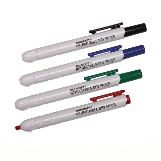 AbilityOne 7520015195769, SKILCRAFT Retractable Chisel Tip Dry Erase Marker, Broad Chisel Tip, Assorted Colors, 4/Set