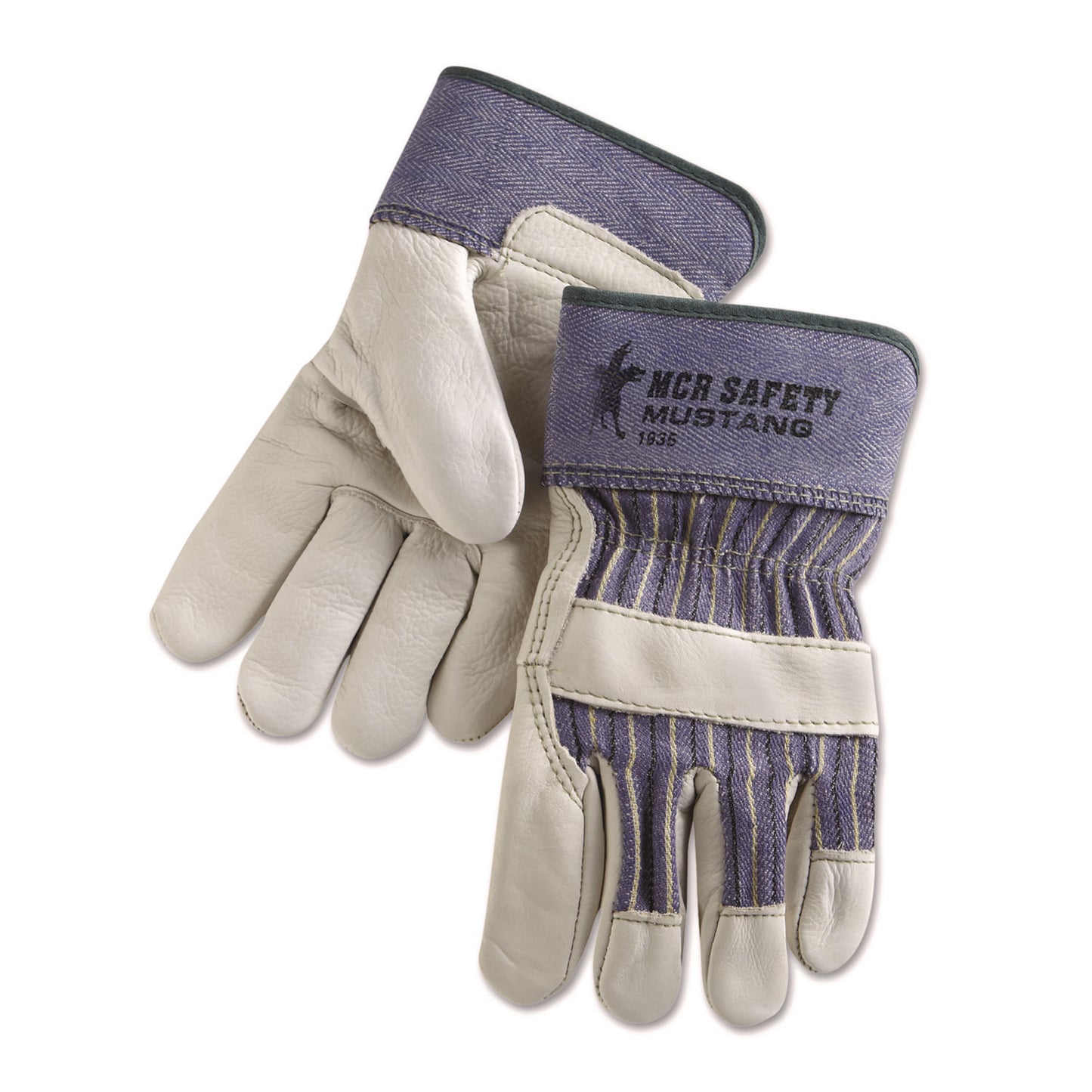 MCR Safety Mustang Leather Palm Gloves, Blue/Cream, Large, 12 Pairs (1935L)