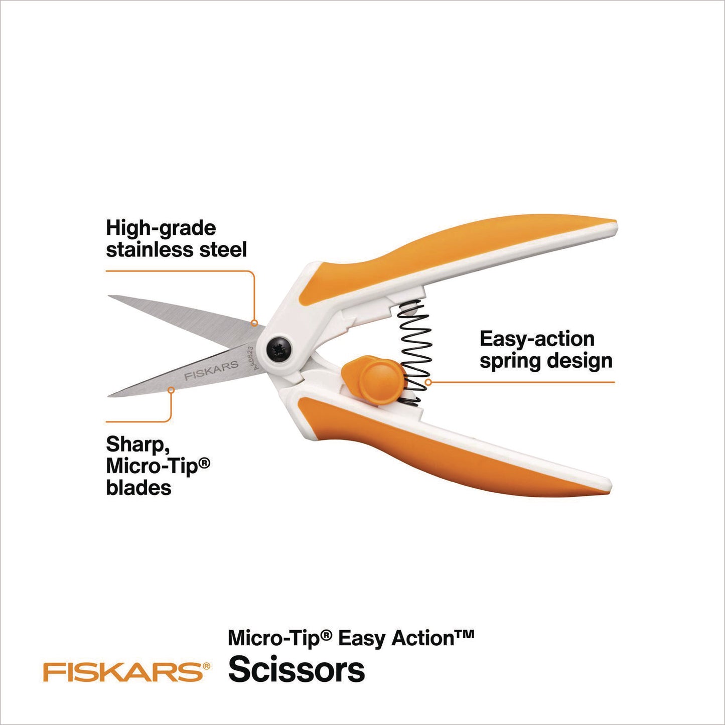 Fiskars Micro-Tip Easy Action Scissors, 6.1" Long, 1.75 Cut Length, Orange/White Handle (1069767)