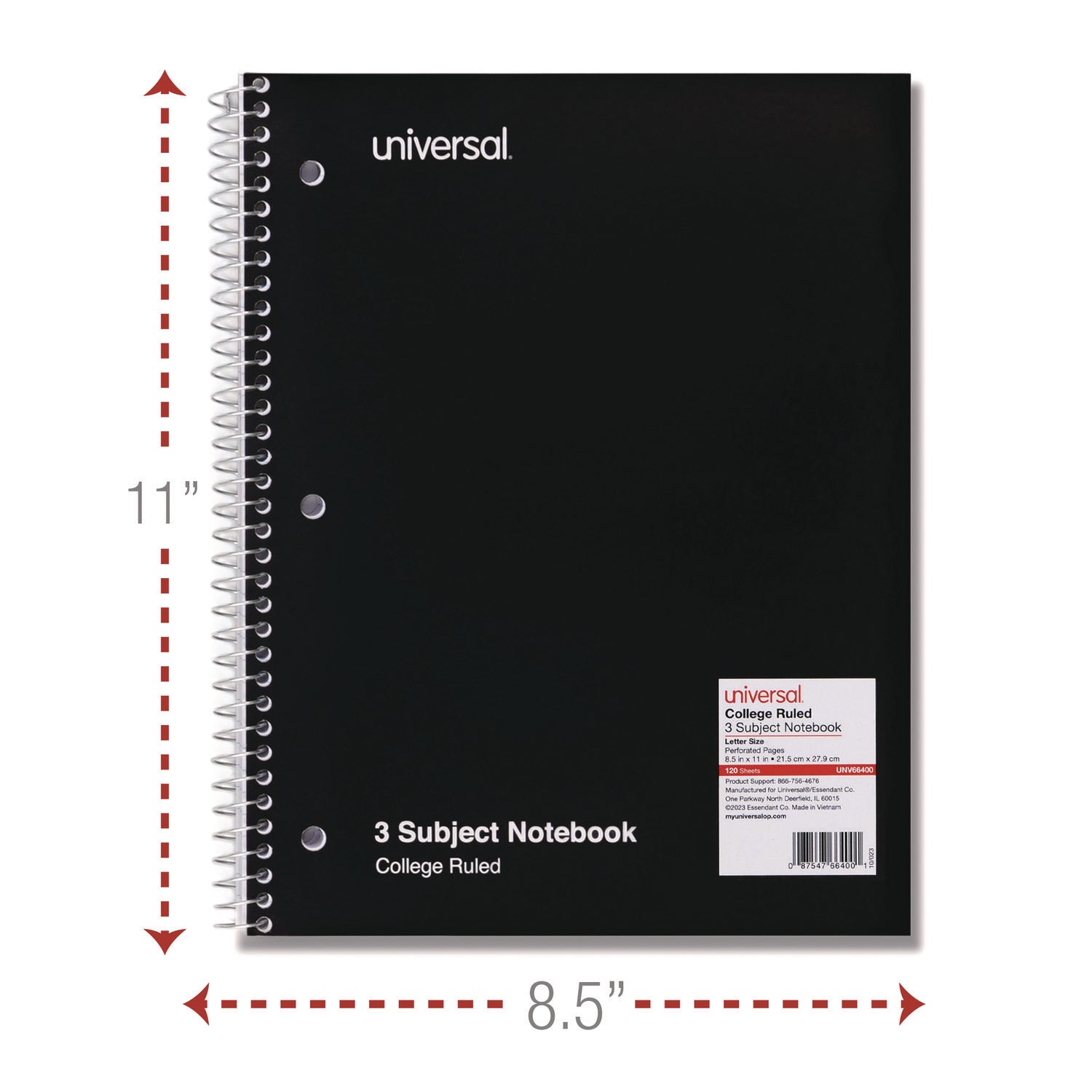 Universal Wirebound Notebook, 3-Subject, Medium/College Rule, Black Cover, (120) 11 x 8.5 Sheets (66400)