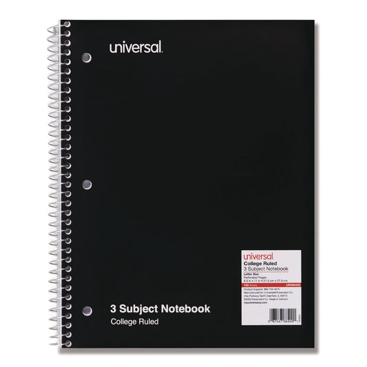 Universal Wirebound Notebook, 3-Subject, Medium/College Rule, Black Cover, (120) 11 x 8.5 Sheets (66400)