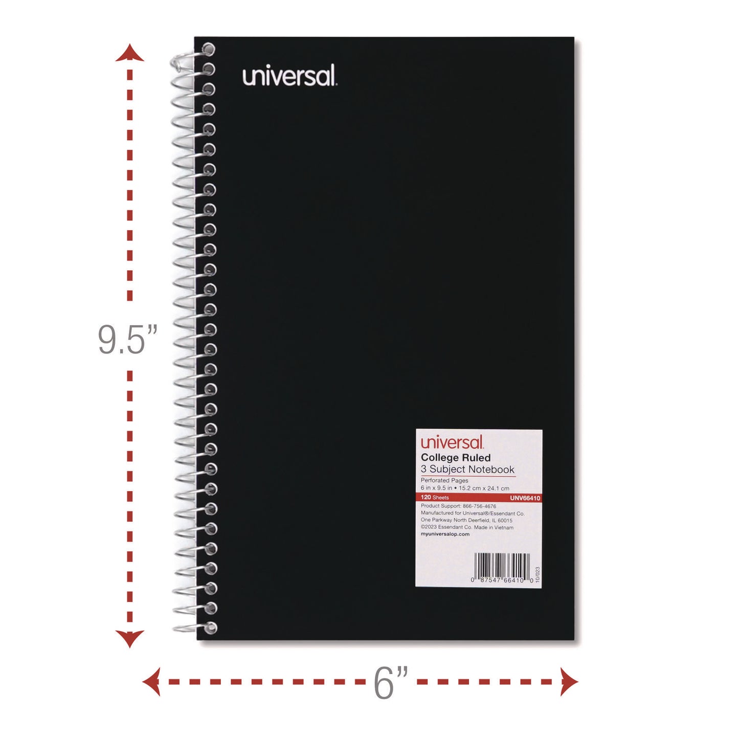 Universal Wirebound Notebook, 3-Subject, Medium/College Rule, Black Cover, (120) 9.5 x 6 Sheets (66410)