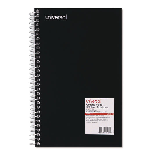 Universal Wirebound Notebook, 3-Subject, Medium/College Rule, Black Cover, (120) 9.5 x 6 Sheets (66410)