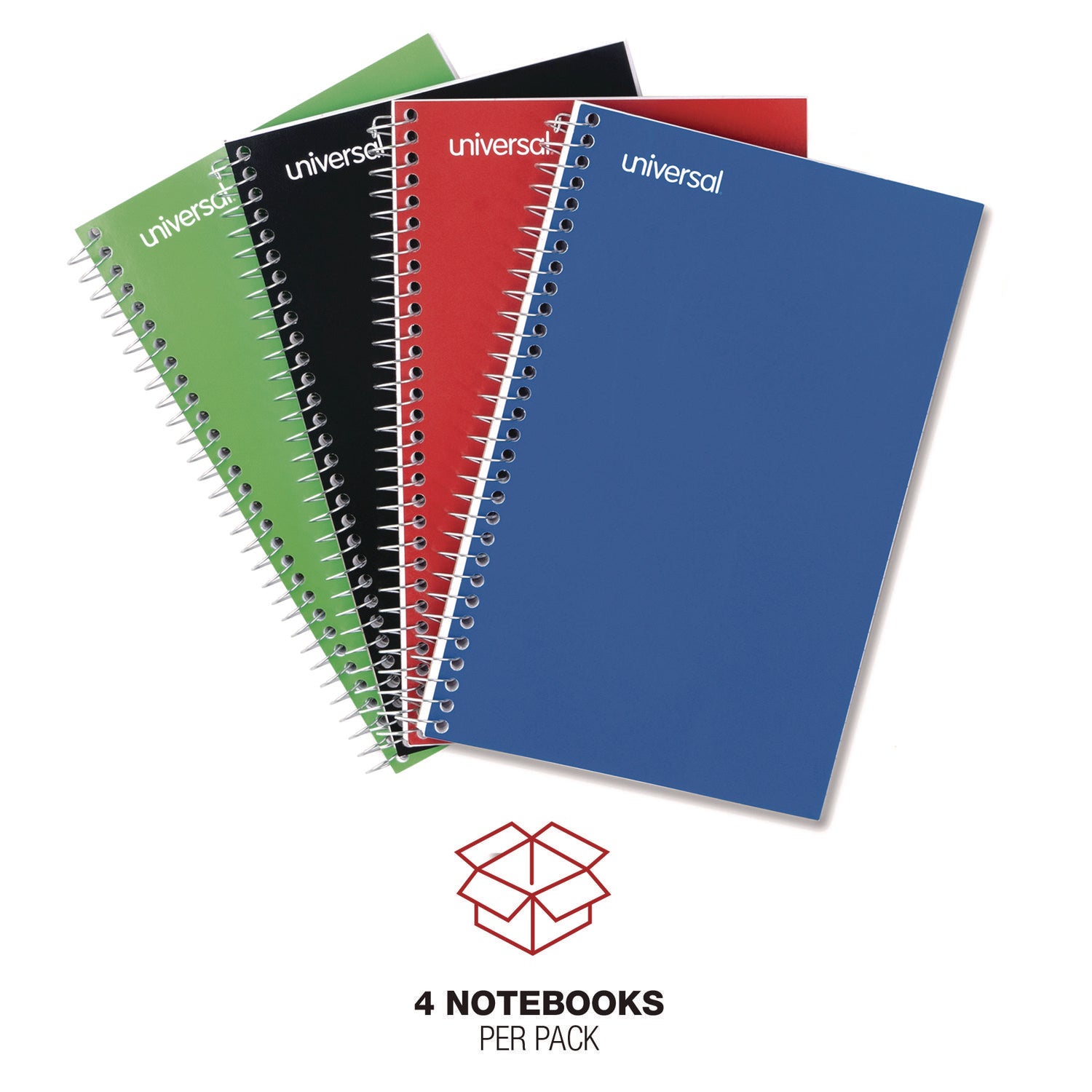 Universal Wirebound Notebook, 3-Subject, Medium/College Rule, Assorted Cover Colors, (120) 9.5 x 6 Sheets, 4/Pack (66414)