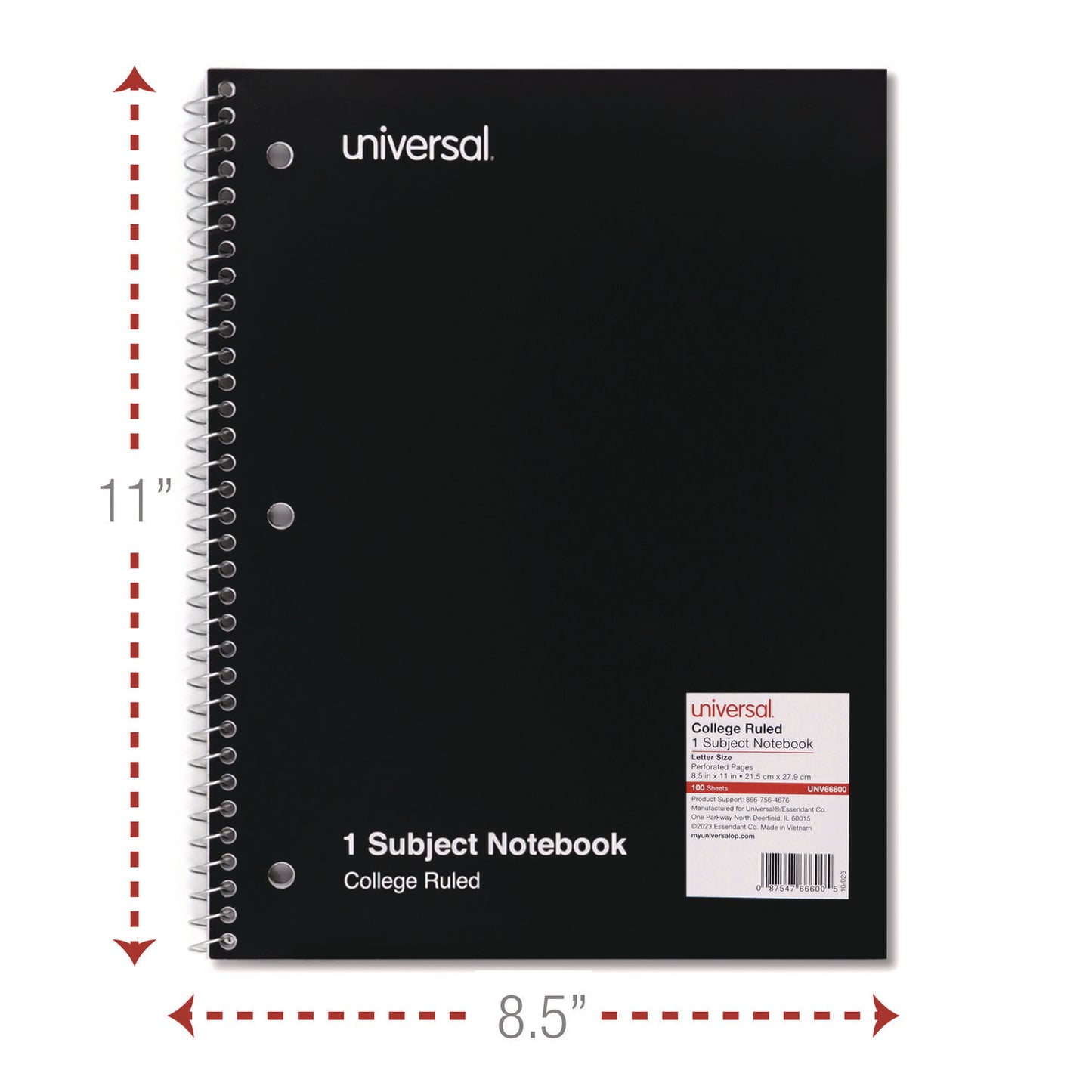 Universal Wirebound Notebook, 1-Subject, Medium/College Rule, Black Cover, (100) 11 x 8.5 Sheets (66600)