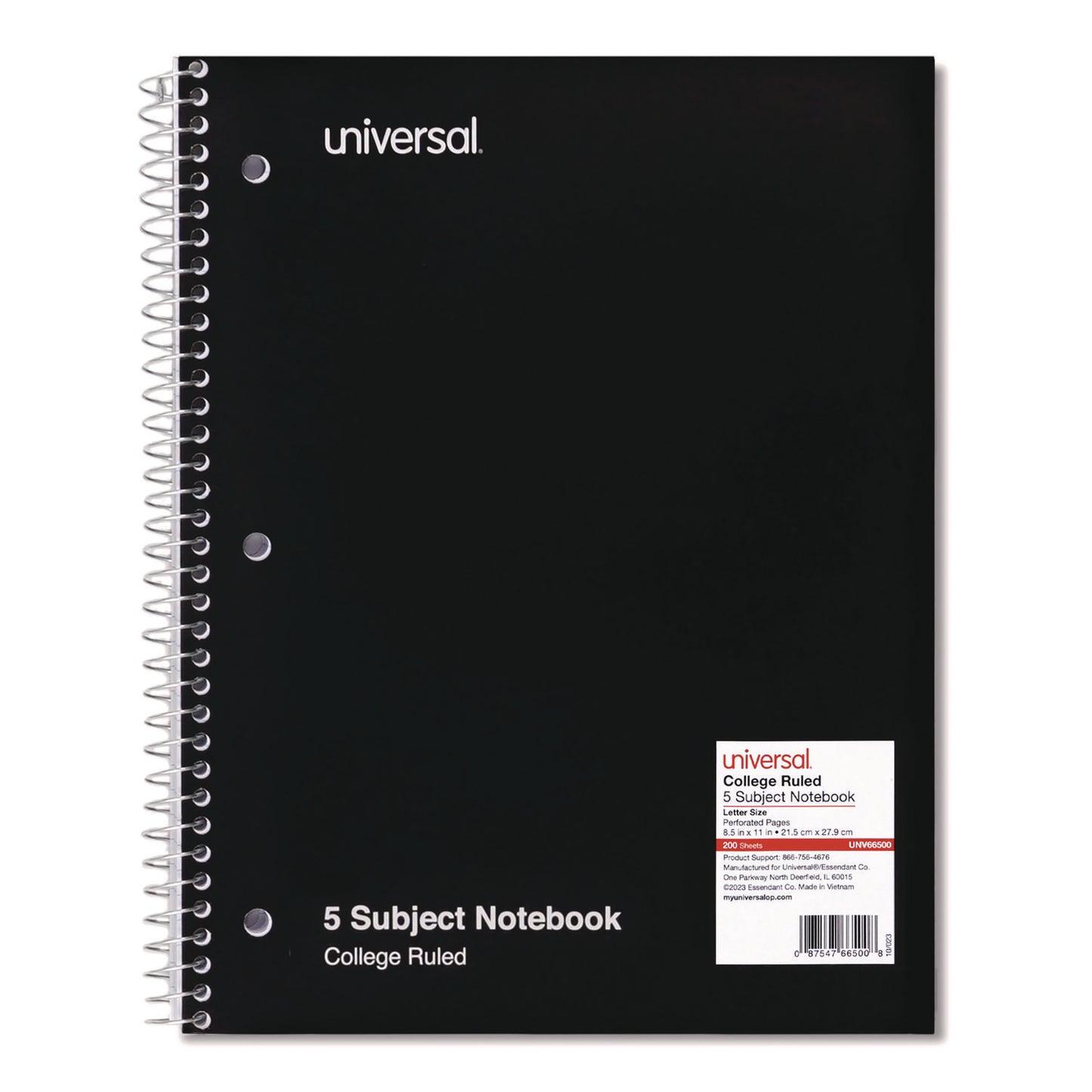 Universal Wirebound Notebook, 5-Subject, Medium/College Rule, Black Cover, (200) 11 x 8.5 Sheets (66500)