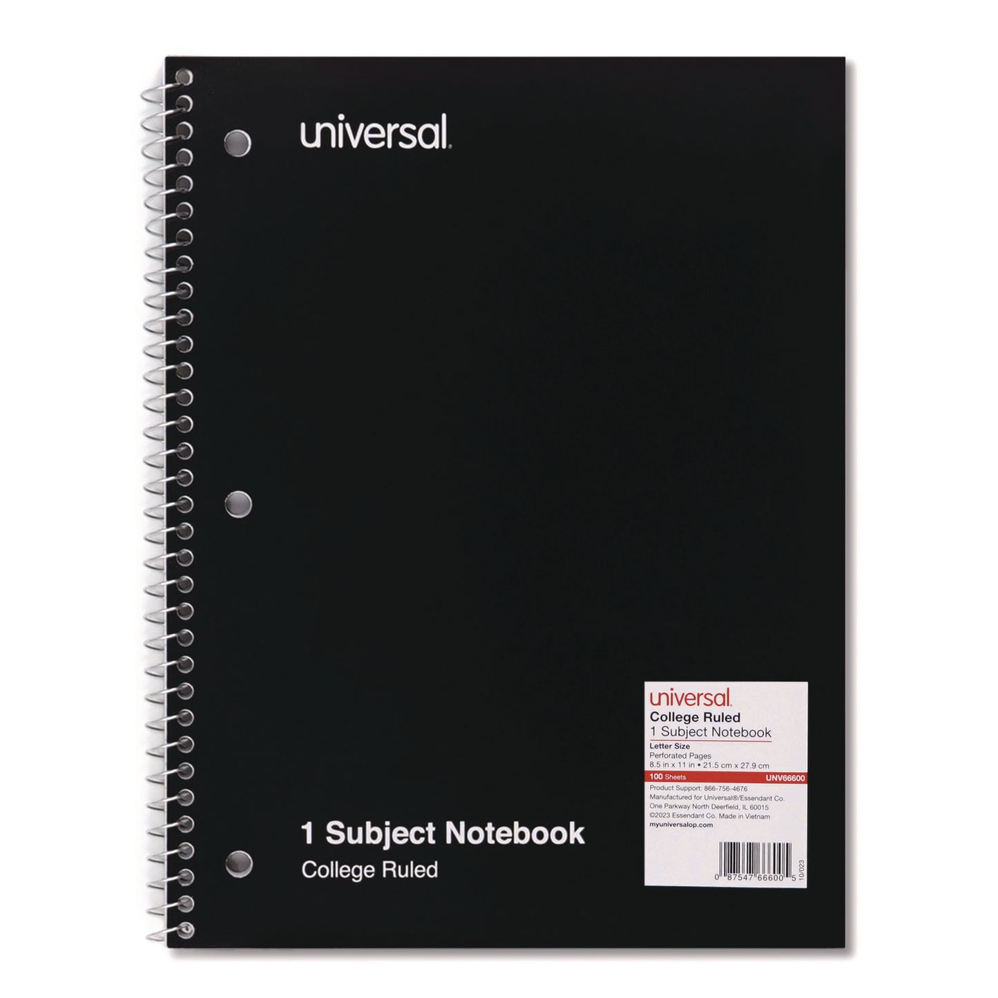 Universal Wirebound Notebook, 1-Subject, Medium/College Rule, Black Cover, (100) 11 x 8.5 Sheets (66600)