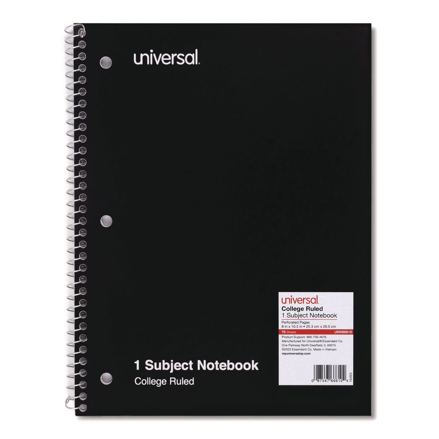 Universal Wirebound Notebook, 1-Subject, Medium/College Rule, Black Cover, (70) 10.5 x 8 Sheets (66610)