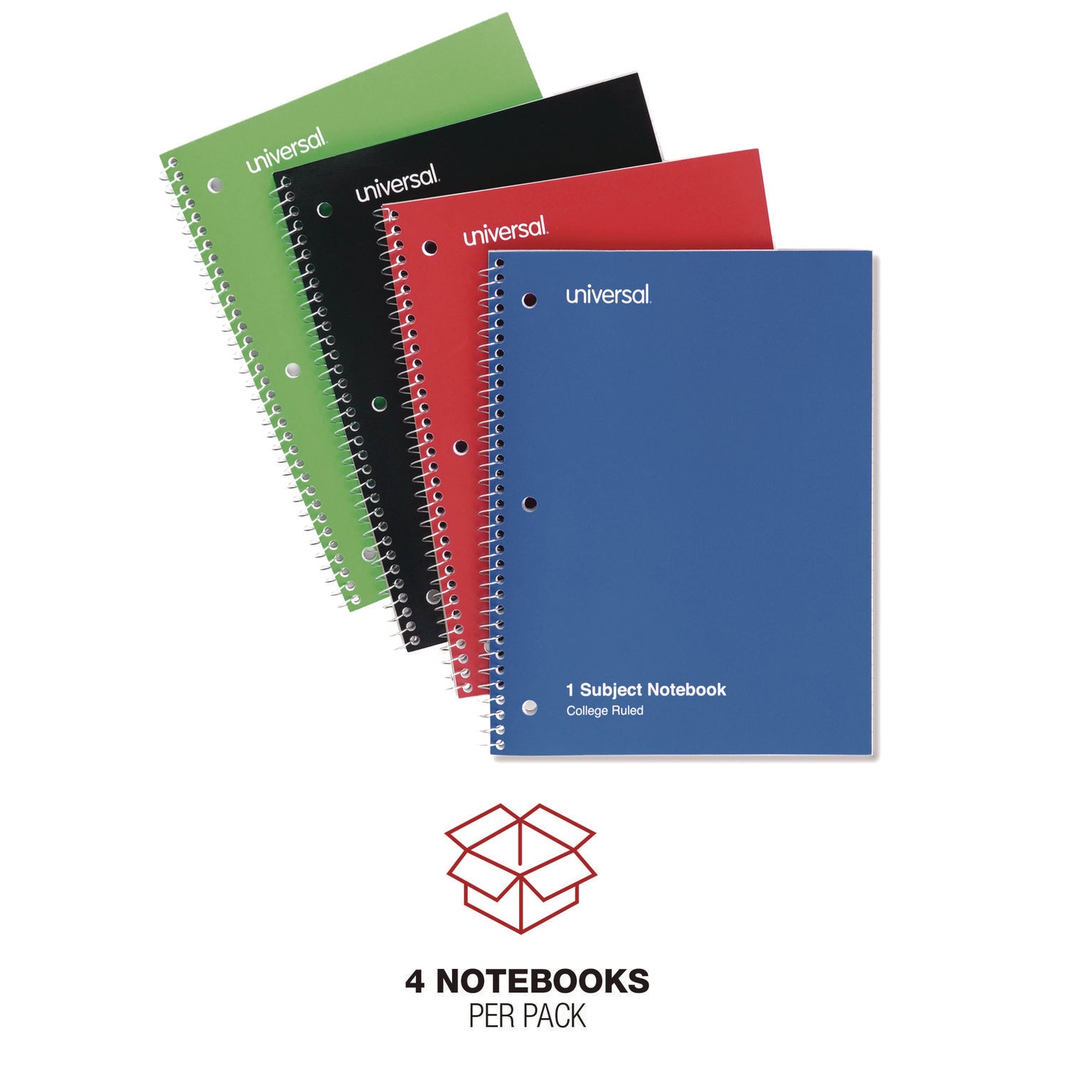 Universal Wirebound Notebook, 1-Subject, Medium/College Rule, Assorted Cover Colors, (70) 10.5 x 8 Sheets, 4/Pack (66614)