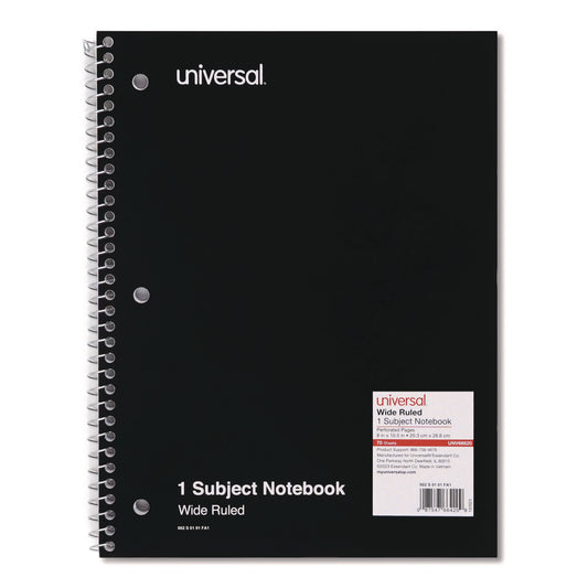 Universal Wirebound Notebook, 1-Subject, Wide/Legal Rule, Black Cover, (70) 10.5 x 8 Sheets (66620)