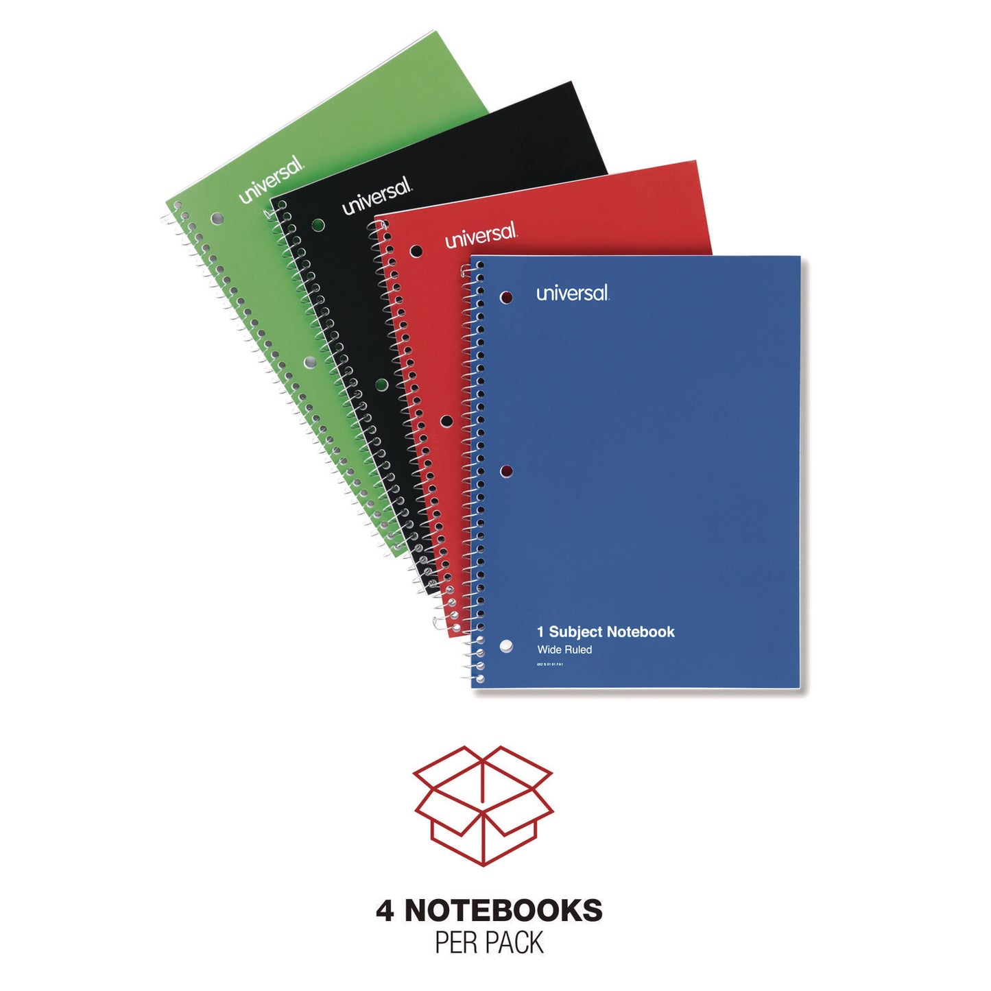 Universal Wirebound Notebook, 1-Subject, Wide/Legal Rule, Assorted Cover Colors, (70) 10.5 x 8 Sheets, 4/Pack (66624)