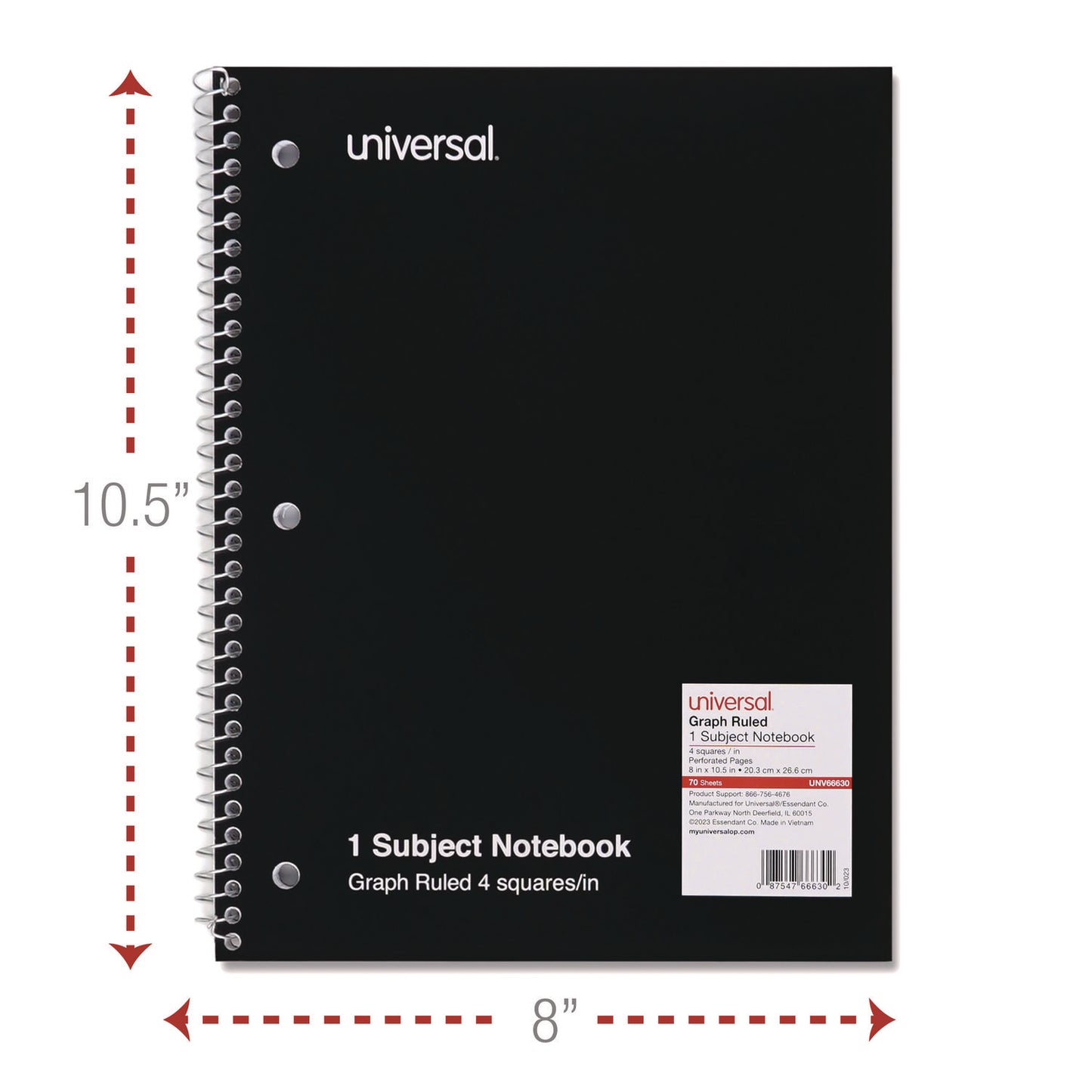 Universal Wirebound Notebook, 1-Subject, Quadrille Rule (4 sq/in), Black Cover, (70) 10.5 x 8 Sheets (66630)