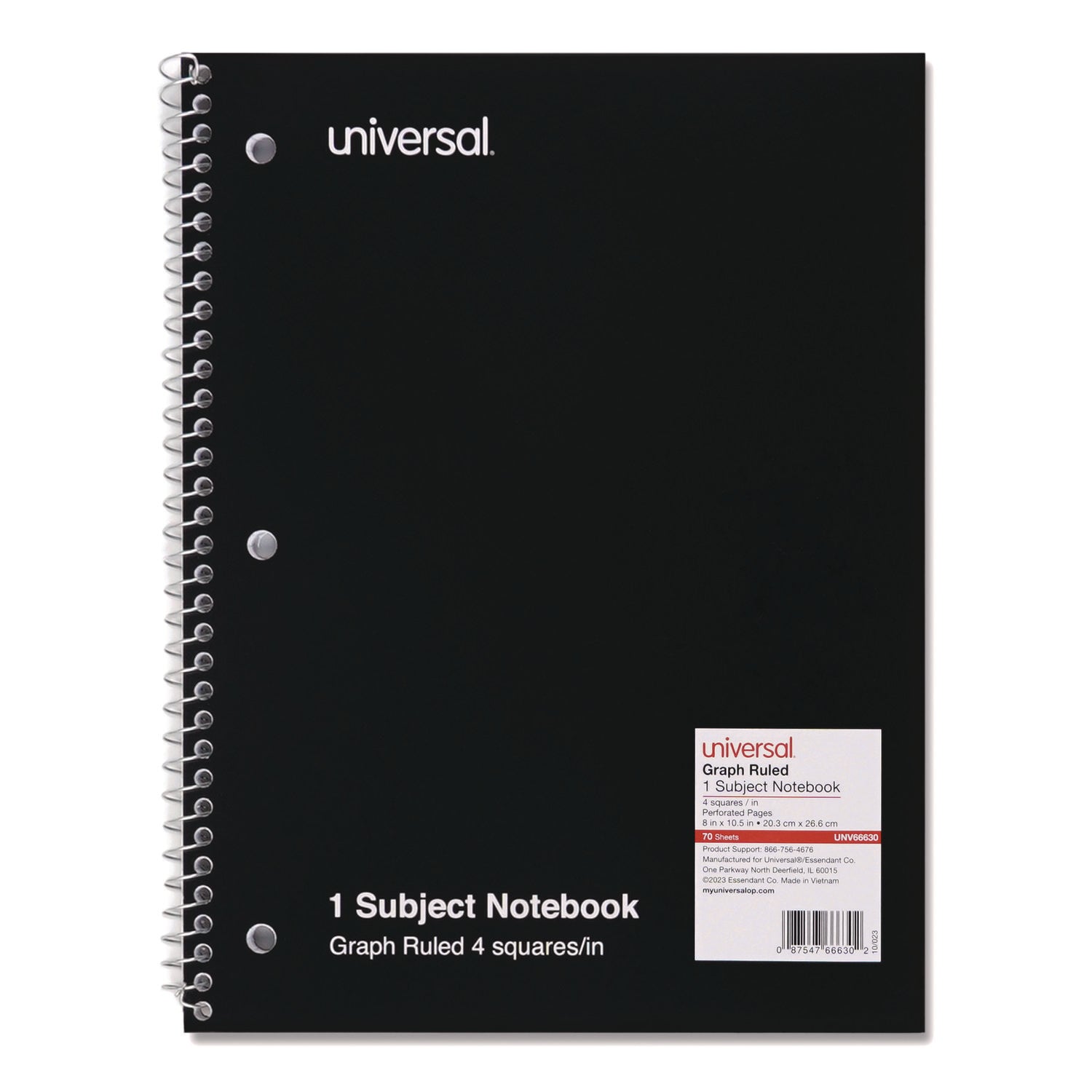 Universal Wirebound Notebook, 1-Subject, Quadrille Rule (4 sq/in), Black Cover, (70) 10.5 x 8 Sheets (66630)