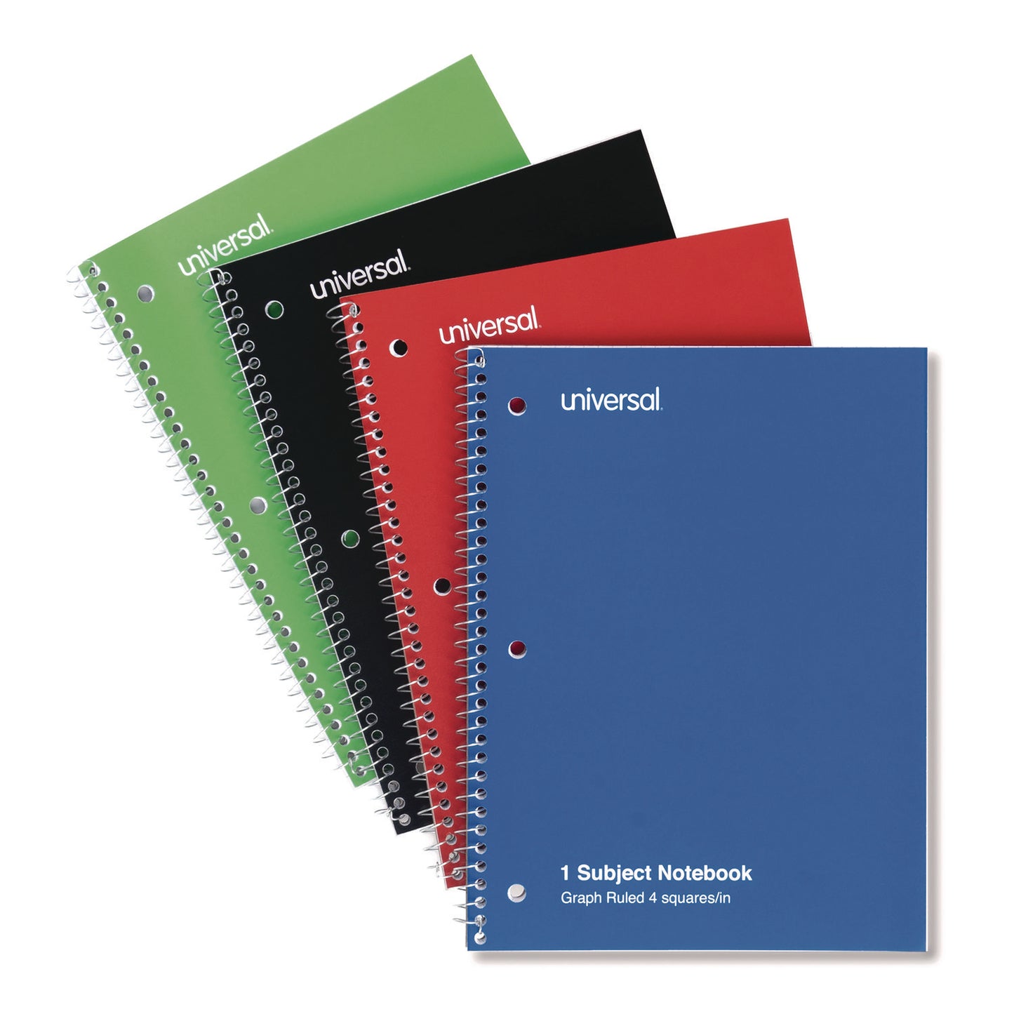 Universal Wirebound Notebook, 1-Subject, Quadrille Rule (4 sq/in), Assorted Cover Colors, (70) 10.5 x 8 Sheets, 4/Pack (66634)