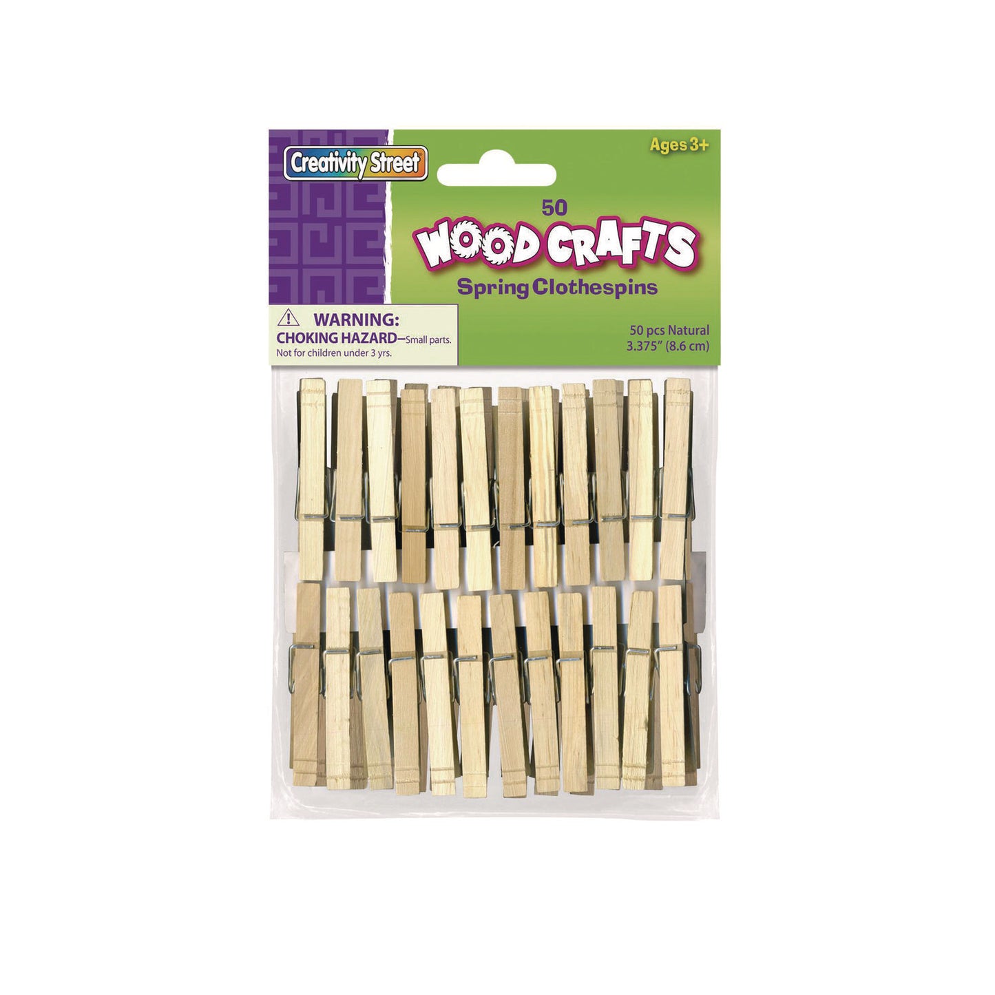 Creativity Street Wood Spring Clothespins, 3.38" Length, Natural, 50/Pack (365801)