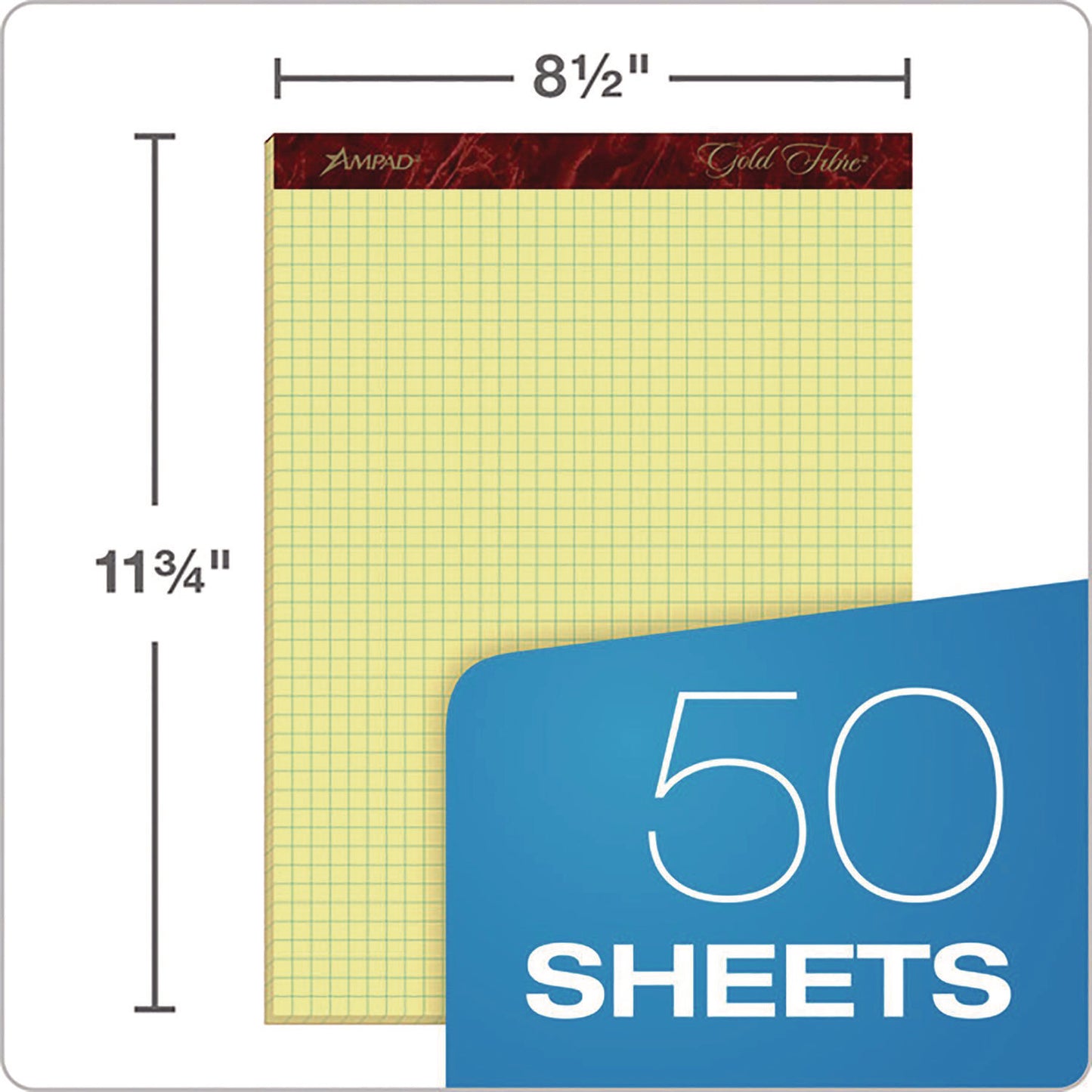 Ampad Gold Fibre Canary Quadrille Pads, Stapled with Perforated Sheets, Quadrille Rule (4 sq/in), 50 Canary 8.5 x 11.75 Sheets (22143)