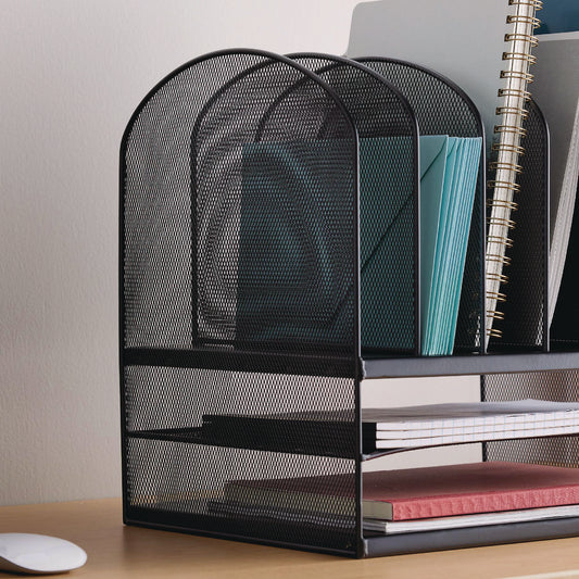 Safco Onyx Mesh Desk Organizer with Two Horizontal and Six Upright Sections, Letter Size Files, 13.25" x 11.5" x 13", Black (3255BL)