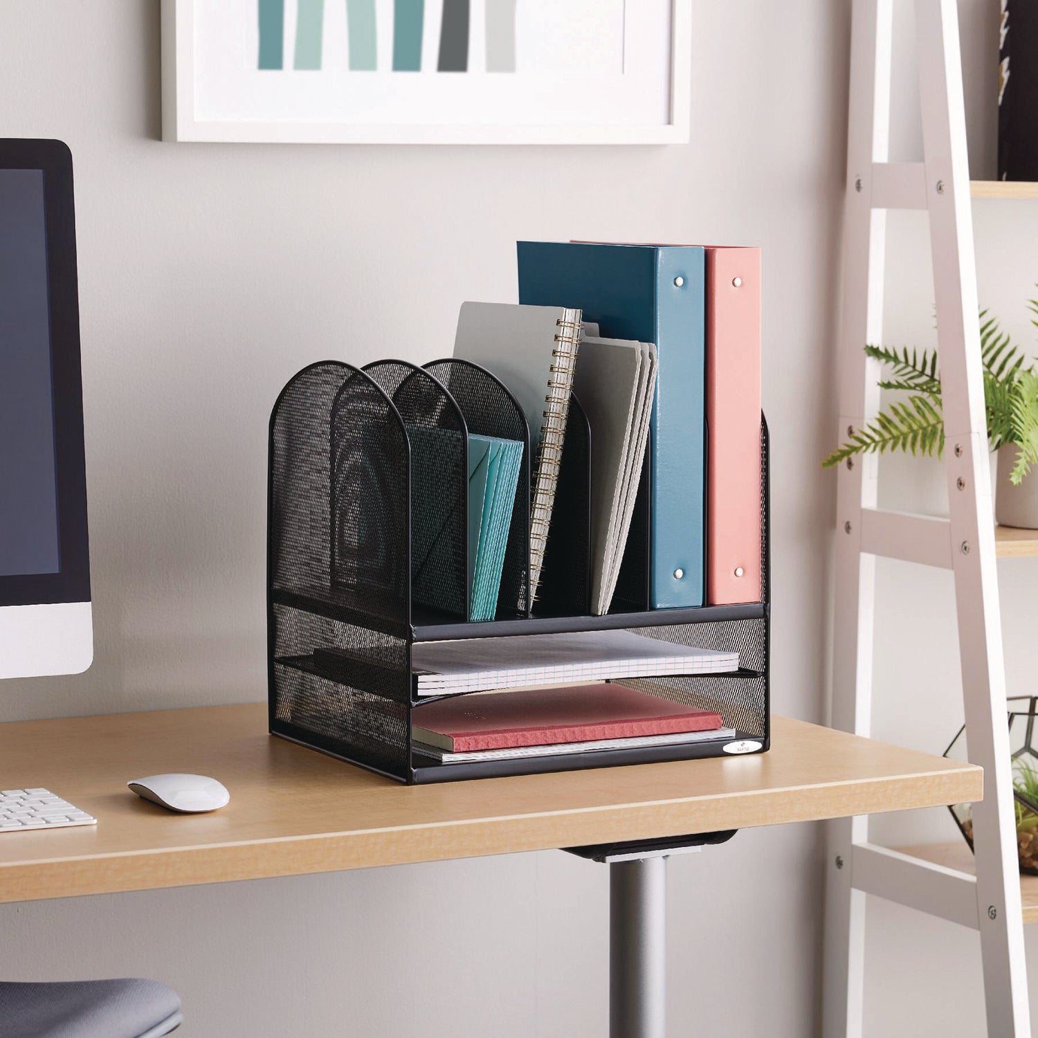 Safco Onyx Mesh Desk Organizer with Two Horizontal and Six Upright Sections, Letter Size Files, 13.25" x 11.5" x 13", Black (3255BL)