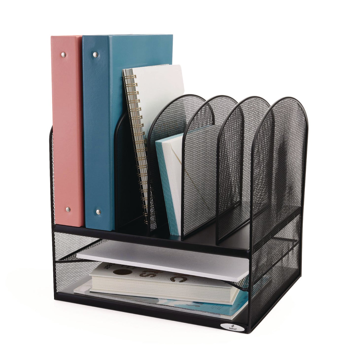 Safco Onyx Mesh Desk Organizer with Two Horizontal and Six Upright Sections, Letter Size Files, 13.25" x 11.5" x 13", Black (3255BL)