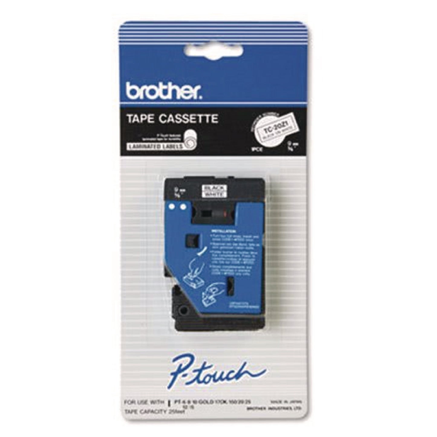 Brother TC Tape Cartridge for P-Touch Labelers, 0.37" x 25.2 ft, Black on White (TC20Z1)