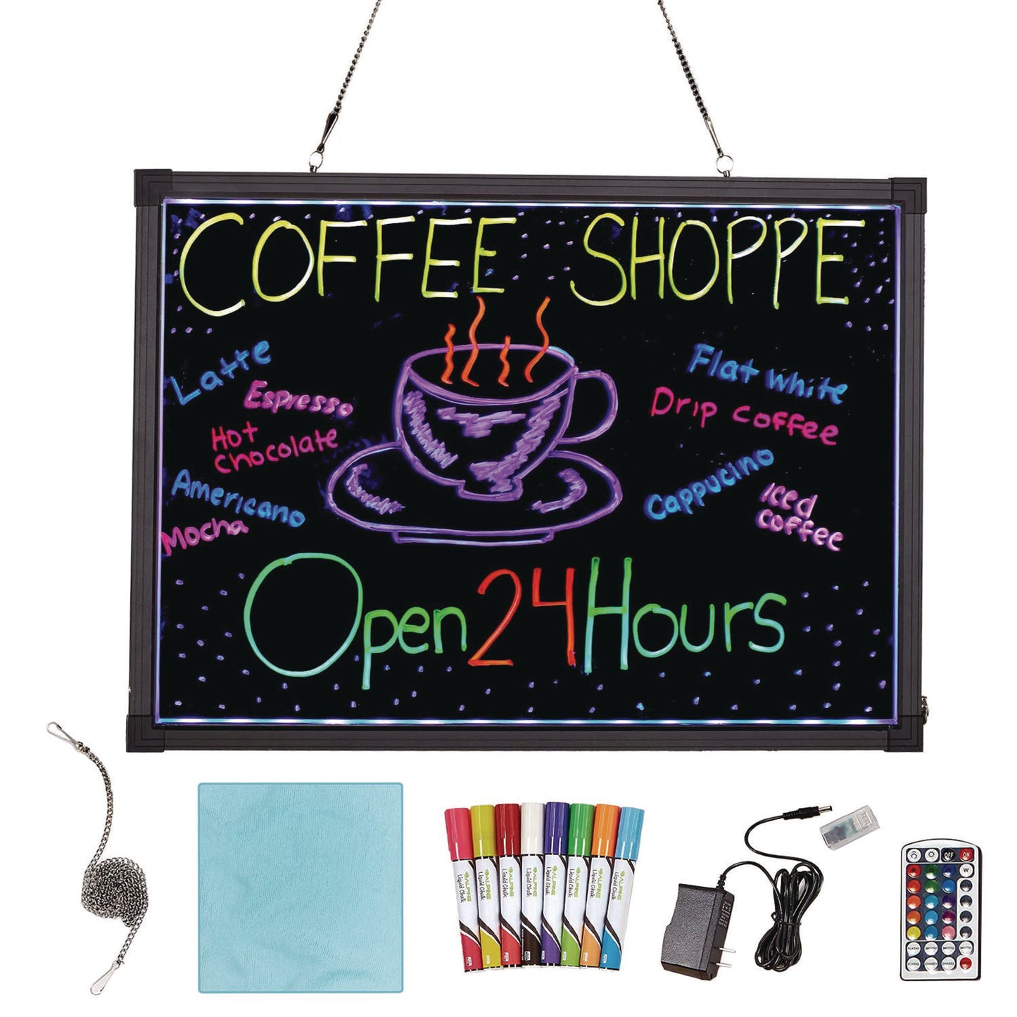 Alpine LED Illuminated Hanging Message Writing Board, 19.7" x 27.6", Black Surface, Black Aluminum Frame (ALP49503)