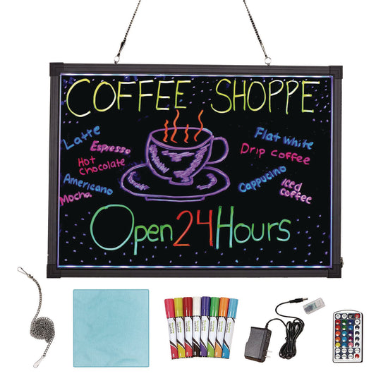 Alpine LED Illuminated Hanging Message Writing Board, 19.7" x 27.6", Black Surface, Black Aluminum Frame (ALP49503)