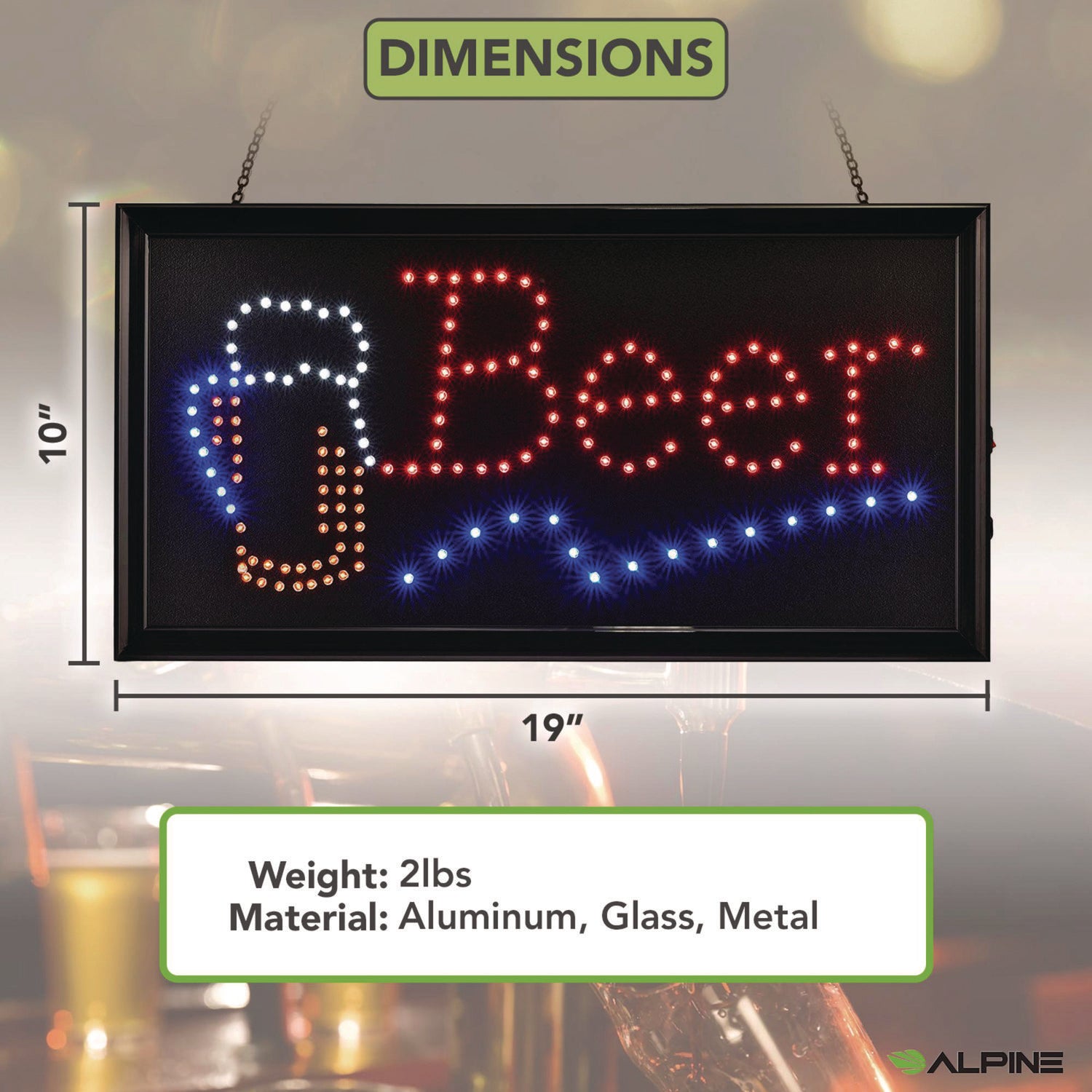 Alpine LED Rectangular Beer Sign, 19 x 10, Black Frame, Blue/Green/Orange/Red/White Graphics (ALP49714)