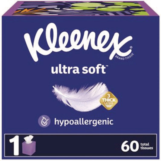 Kleenex Ultra Soft Facial Tissue, 3-Ply, White, 60 Sheets/Box, 18 Boxes/Carton (54278)