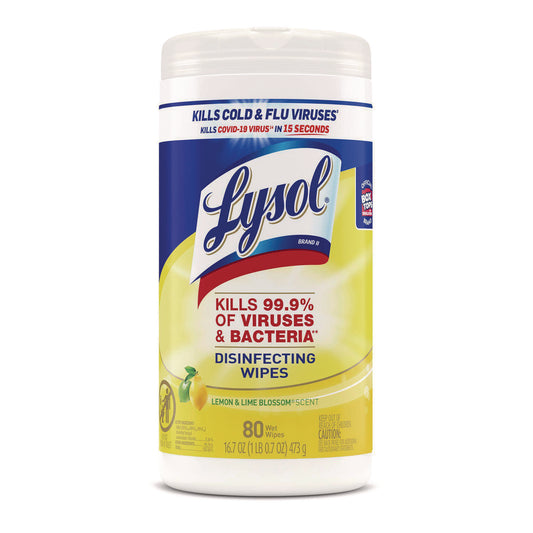 LYSOL Brand Disinfecting Wipes, 1-Ply, 7 x 7.25, Lemon and Lime Blossom, White, 80 Wipes/Canister, 6 Canisters/Carton (77182CT)