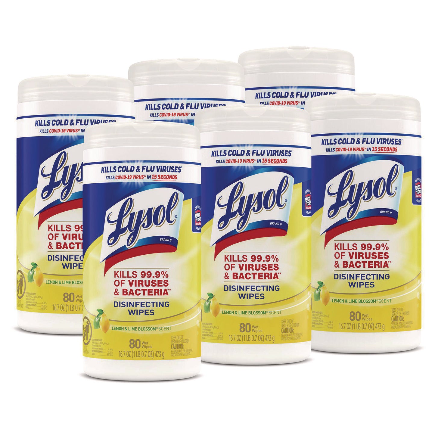 LYSOL Brand Disinfecting Wipes, 1-Ply, 7 x 7.25, Lemon and Lime Blossom, White, 80 Wipes/Canister, 6 Canisters/Carton (77182CT)