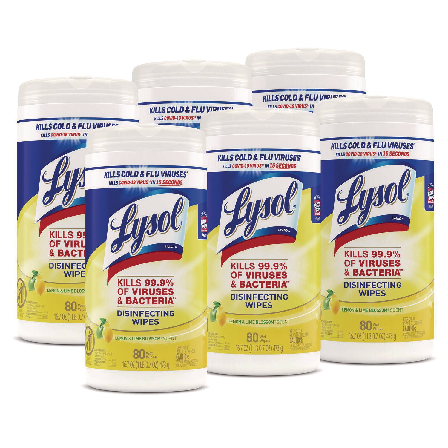 LYSOL Brand Disinfecting Wipes, 1-Ply, 7 x 7.25, Lemon and Lime Blossom, White, 80 Wipes/Canister, 6 Canisters/Carton (77182CT)