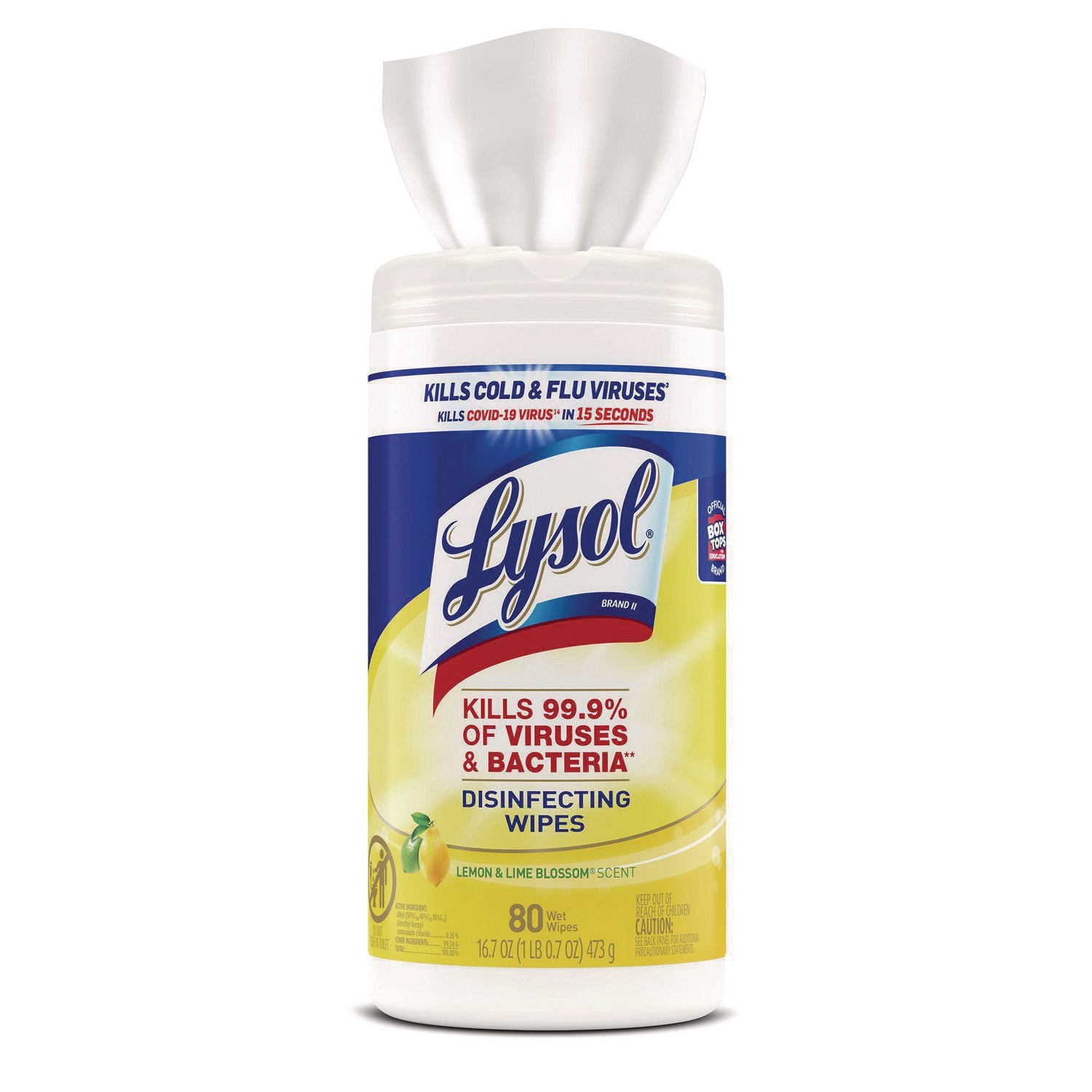 LYSOL Brand Disinfecting Wipes, 1-Ply, 7 x 7.25, Lemon and Lime Blossom, White, 80 Wipes/Canister (77182EA)