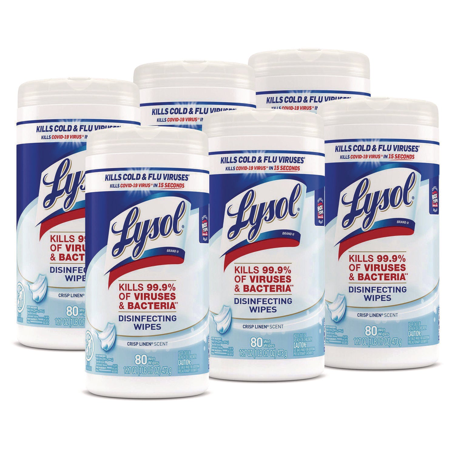 LYSOL Brand Disinfecting Wipes, 1-Ply, 7 x 7.25, Crisp Linen, White, 80 Wipes/Canister, 6 Canisters/Carton (89346CT)